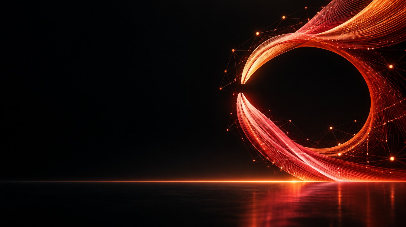 Orange light filaments converging into a circular arc, representing connected security and reliability